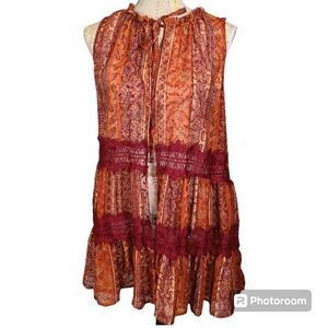 Tru Self Sheer Rust Bohemian Open Front Blouse Top Size Medium Red Crochet Trim